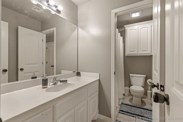 5006 S 164th E Ave, Tulsa, OK 74134 - full bathroom featuring vanity, toilet, baseboards, tile patterned floors, and curtained shower