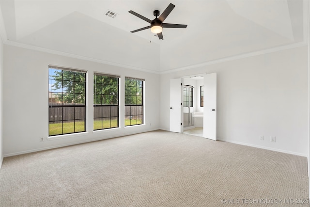 4204 W Freeport St, Broken Arrow, OK 74012 - empty room featuring light carpet, a ceiling fan, baseboards, a raised ceiling, and ornamental molding
