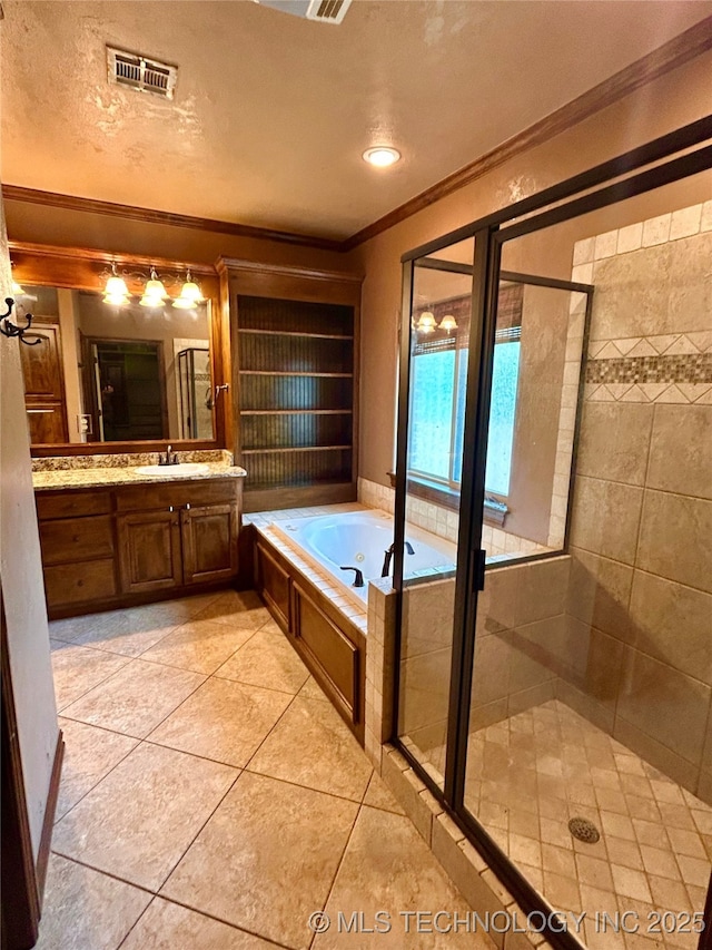 2508 E 140th Pl S, Jenks, OK 74008 - bathroom with crown molding, vanity, a stall shower, a bath, and tile patterned floors