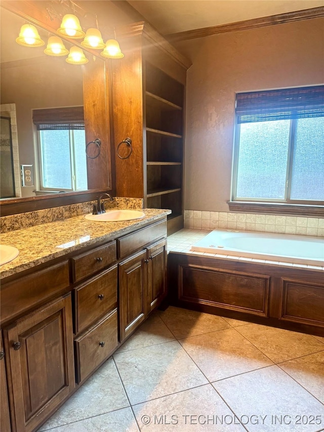 2508 E 140th Pl S, Jenks, OK 74008 - bathroom featuring double vanity, a garden tub, tile patterned flooring, and ornamental molding