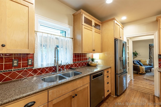 3160 S Owasso Ave, Tulsa, OK 74105 - kitchen with appliances with stainless steel finishes, a sink, light brown cabinets, wood finished floors, and recessed lighting