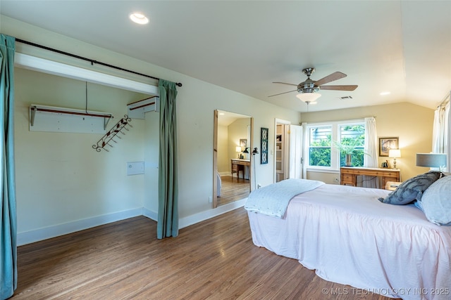 3160 S Owasso Ave, Tulsa, OK 74105 - bedroom with wood finished floors, baseboards, ceiling fan, recessed lighting, and vaulted ceiling