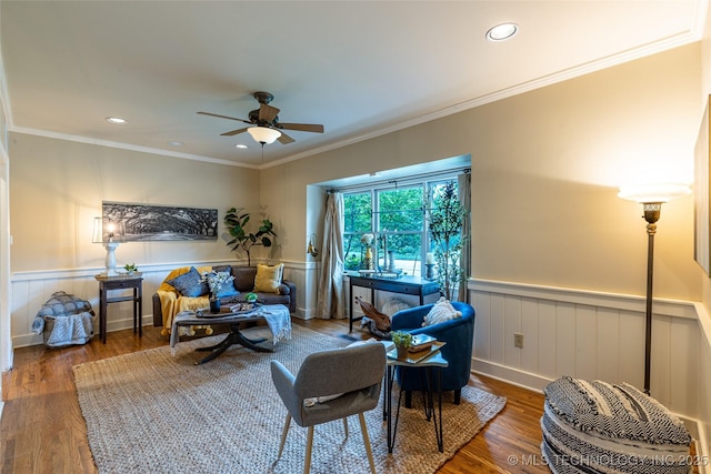 3160 S Owasso Ave, Tulsa, OK 74105 - sitting room featuring a ceiling fan, recessed lighting, a wainscoted wall, wood finished floors, and ornamental molding