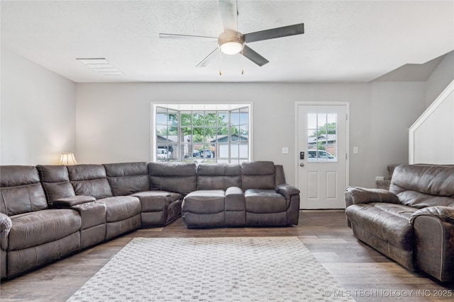 4316 S Ash Ave, Broken Arrow, OK 74011 - living room with wood finished floors, ceiling fan, and plenty of natural light
