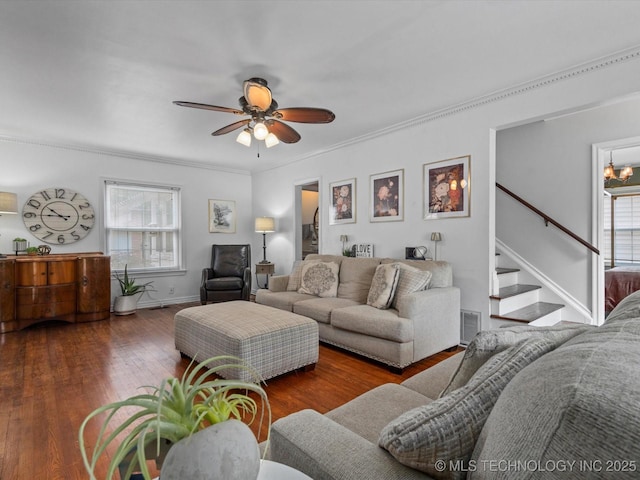 1629 Dewey Ave, Bartlesville, OK 74003 - living room with wood finished floors, ceiling fan, stairway, ornamental molding, and baseboards