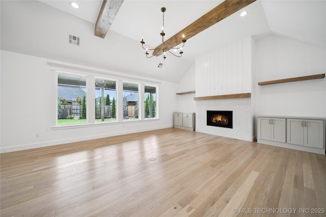 4607 S Retana Pl, Broken Arrow, OK 74011 - unfurnished living room with a chandelier, beam ceiling, light wood-type flooring, a fireplace, and high vaulted ceiling