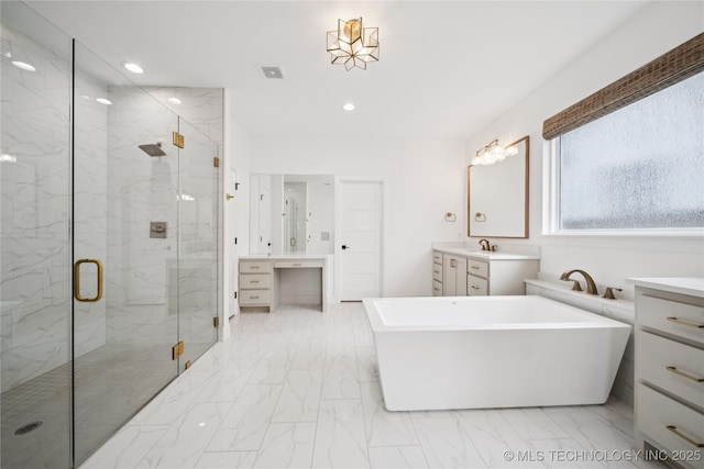 4607 S Retana Pl, Broken Arrow, OK 74011 - full bathroom with vanity, marble look tile flooring, a marble finish shower, a freestanding tub, and recessed lighting