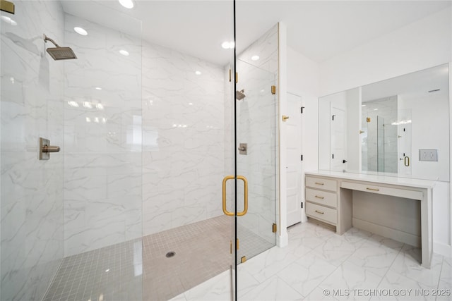 4607 S Retana Pl, Broken Arrow, OK 74011 - full bath featuring a marble finish shower, marble finish floors, vanity, and recessed lighting