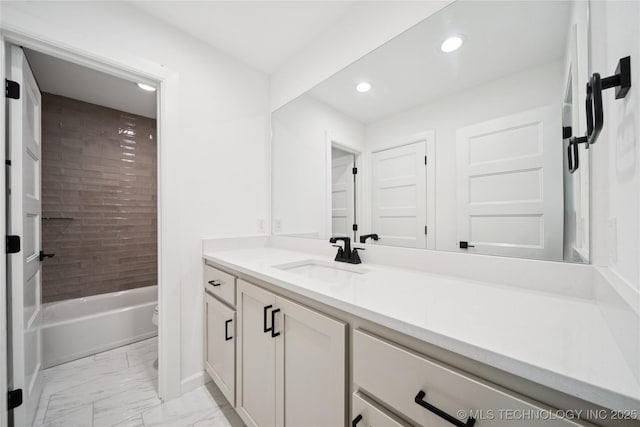 4607 S Retana Pl, Broken Arrow, OK 74011 - bathroom featuring vanity, marble finish floors, toilet, recessed lighting, and shower / bathtub combination