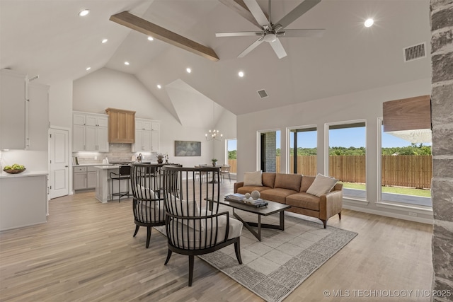 5109 S Everett Dr, Sand Springs, OK 74063 - living room featuring high vaulted ceiling, light wood-style floors, recessed lighting, a ceiling fan, and a chandelier