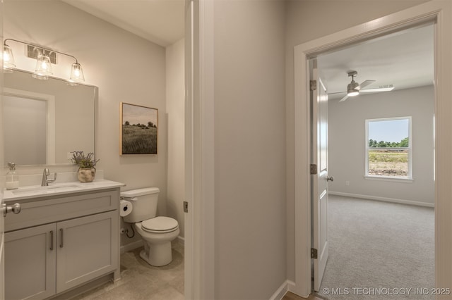 5109 S Everett Dr, Sand Springs, OK 74063 - half bathroom featuring vanity, ceiling fan, toilet, and baseboards