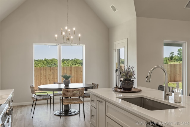 5109 S Everett Dr, Sand Springs, OK 74063 - kitchen featuring a sink, plenty of natural light, white cabinetry, and high vaulted ceiling