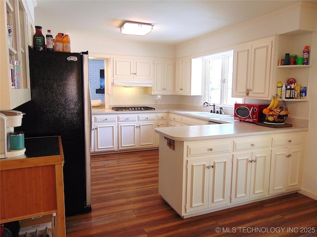 2619 E 47th St, Tulsa, OK 74105 - kitchen featuring a sink, a peninsula, dark wood-style flooring, under cabinet range hood, and decorative backsplash