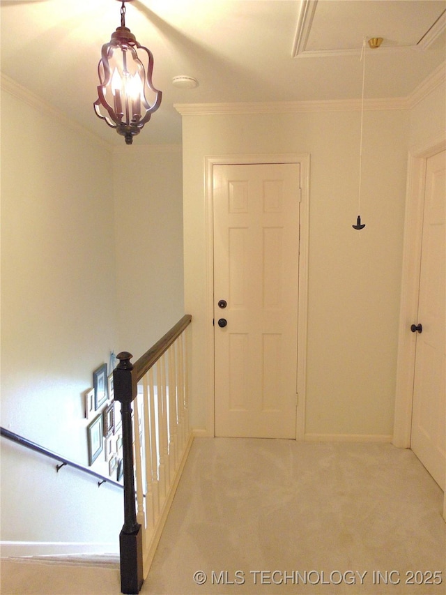 2619 E 47th St, Tulsa, OK 74105 - hallway with attic access, ornamental molding, light colored carpet, baseboards, and a chandelier