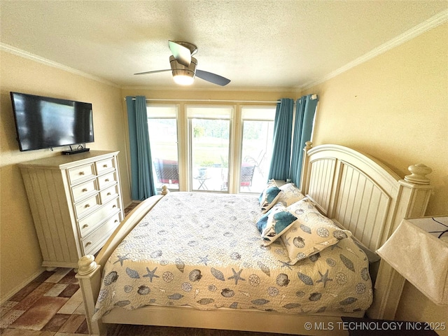 421224 E 1165th Rd, Eufaula, OK 74432 - bedroom with crown molding, a textured ceiling, and a ceiling fan