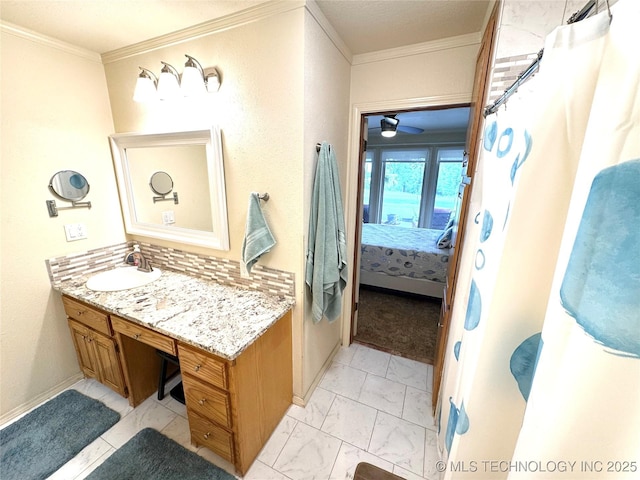 421224 E 1165th Rd, Eufaula, OK 74432 - full bath with vanity, marble look tiles, ornamental molding, ensuite bathroom, and baseboards