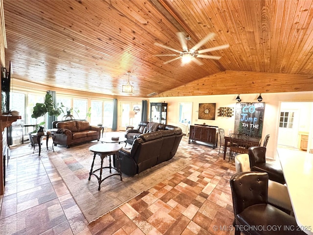 421224 E 1165th Rd, Eufaula, OK 74432 - living room featuring wood ceiling, a ceiling fan, and vaulted ceiling