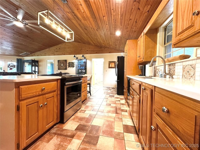 421224 E 1165th Rd, Eufaula, OK 74432 - kitchen featuring stainless steel range oven, vaulted ceiling, a sink, wood ceiling, and brown cabinets