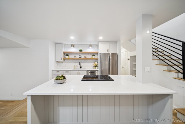 15915 E 131st St S Unit 1 & 3, Broken Arrow, OK 74011 - kitchen with freestanding refrigerator, open shelves, light countertops, white cabinets, and recessed lighting