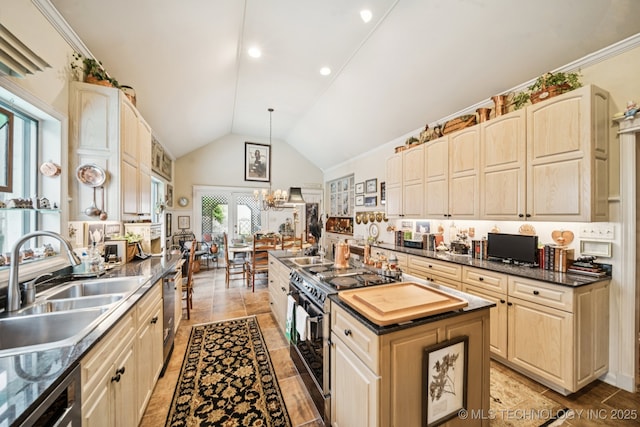 4817 S Yorktown Pl, Tulsa, OK 74105 - kitchen with a sink, dark countertops, a center island, range with electric stovetop, and high vaulted ceiling