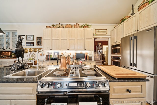 4817 S Yorktown Pl, Tulsa, OK 74105 - kitchen with stainless steel appliances, a sink, ornamental molding, and light brown cabinetry