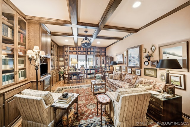 4817 S Yorktown Pl, Tulsa, OK 74105 - living area featuring wood finished floors, coffered ceiling, and beam ceiling