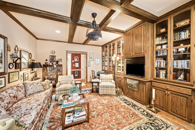4817 S Yorktown Pl, Tulsa, OK 74105 - living area featuring coffered ceiling, crown molding, beam ceiling, and light wood-style floors