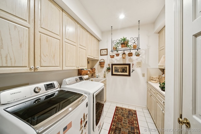 4817 S Yorktown Pl, Tulsa, OK 74105 - laundry room featuring washer and dryer, cabinet space, light tile patterned flooring, baseboards, and recessed lighting