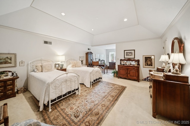 4817 S Yorktown Pl, Tulsa, OK 74105 - bedroom featuring light colored carpet, lofted ceiling, and recessed lighting
