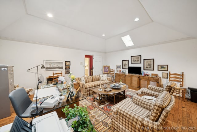 4817 S Yorktown Pl, Tulsa, OK 74105 - living area featuring vaulted ceiling, a skylight, wood finished floors, a desk, and recessed lighting