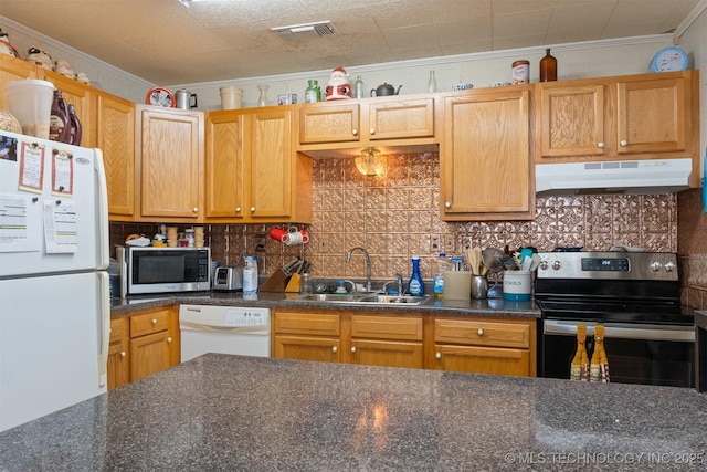 161 N Hickory, Tushka, OK 74525 - kitchen featuring range hood, appliances with stainless steel finishes, a sink, crown molding, and tasteful backsplash