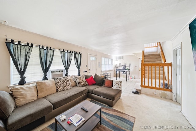 1525 N College Ave, Tulsa, OK 74110 - carpeted living area featuring stairs and cooling unit