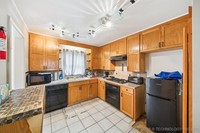 1525 N College Ave, Tulsa, OK 74110 - kitchen featuring black appliances, under cabinet range hood, backsplash, open shelves, and a sink