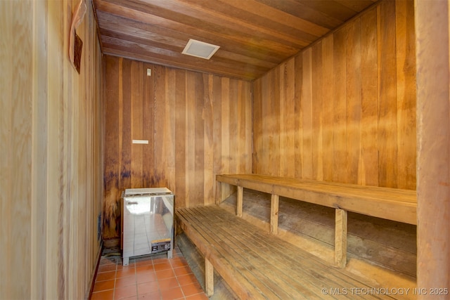 410 W 7th St Unit 1029, Tulsa, OK 74119 - sauna / steam room with wooden ceiling, wood walls, and tile patterned flooring