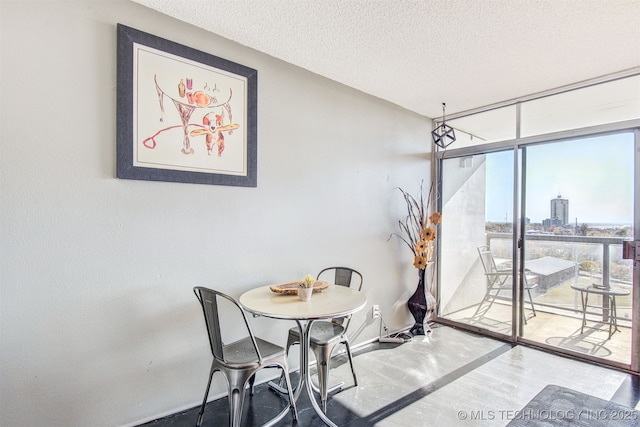 410 W 7th St Unit 1029, Tulsa, OK 74119 - dining room with floor to ceiling windows, baseboards, and a textured ceiling