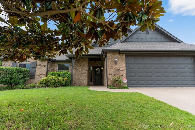 4675 E 144th Pl S, Bixby, OK 74008 - ranch-style house with a shingled roof, a front yard, an attached garage, and brick siding