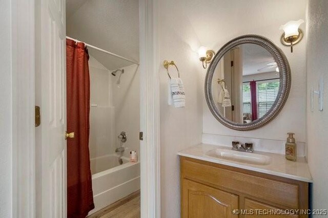 2403 S Troost Ave, Tulsa, OK 74114 - full bathroom featuring vanity and shower / bath combination with curtain