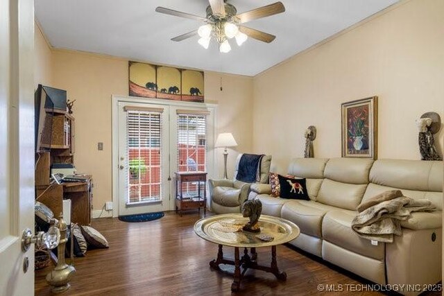2403 S Troost Ave, Tulsa, OK 74114 - living room featuring a ceiling fan, wood finished floors, french doors, and crown molding