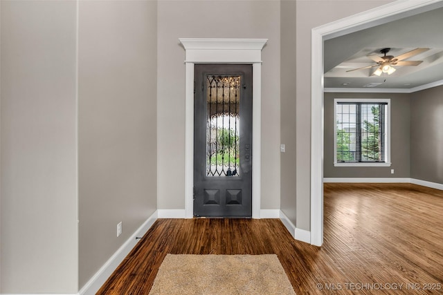 3805 S Tamarack Ave, Broken Arrow, OK 74011 - entryway featuring wood finished floors, baseboards, crown molding, and a ceiling fan