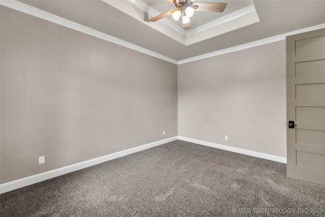3805 S Tamarack Ave, Broken Arrow, OK 74011 - empty room with a tray ceiling, ceiling fan, carpet, baseboards, and crown molding