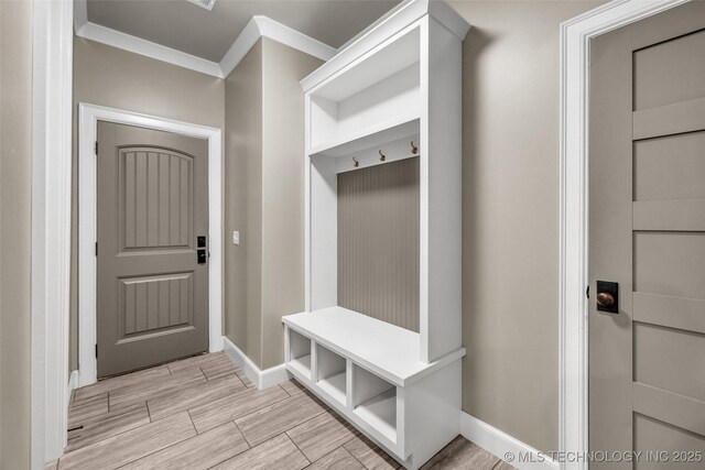 3805 S Tamarack Ave, Broken Arrow, OK 74011 - mudroom featuring crown molding, baseboards, and wood tiled floors