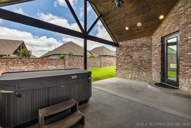 3805 S Tamarack Ave, Broken Arrow, OK 74011 - view of patio / terrace with a hot tub and a ceiling fan