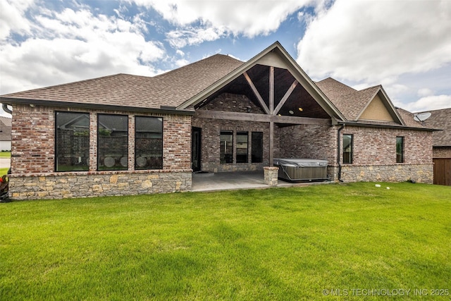 3805 S Tamarack Ave, Broken Arrow, OK 74011 - back of property with a hot tub, a patio area, a shingled roof, and a lawn