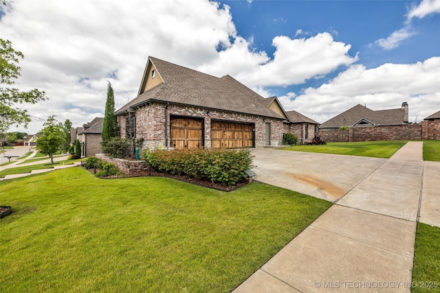 3805 S Tamarack Ave, Broken Arrow, OK 74011 - view of front facade with brick siding, roof with shingles, a front yard, driveway, and a garage