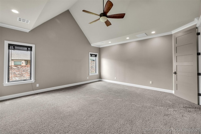 3805 S Tamarack Ave, Broken Arrow, OK 74011 - unfurnished room with ceiling fan, baseboards, high vaulted ceiling, recessed lighting, and carpet floors