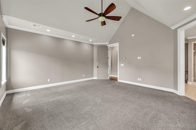 3805 S Tamarack Ave, Broken Arrow, OK 74011 - unfurnished room featuring a ceiling fan, baseboards, recessed lighting, high vaulted ceiling, and carpet flooring