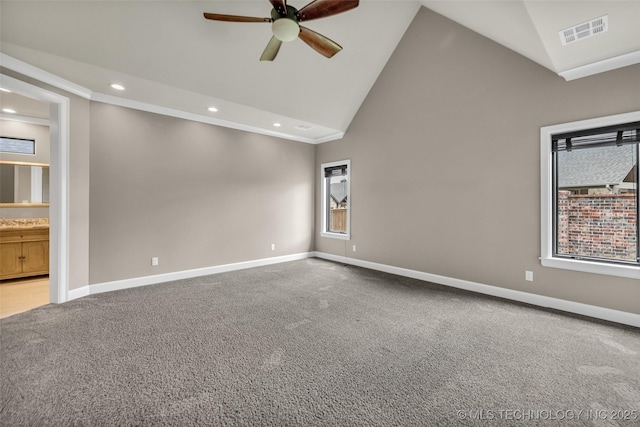 3805 S Tamarack Ave, Broken Arrow, OK 74011 - carpeted spare room with ceiling fan, high vaulted ceiling, baseboards, and recessed lighting