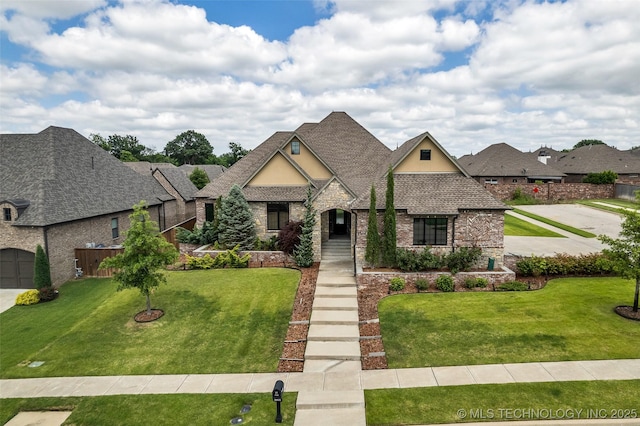 3805 S Tamarack Ave, Broken Arrow, OK 74011 - french provincial home featuring brick siding, a shingled roof, stucco siding, and a residential view