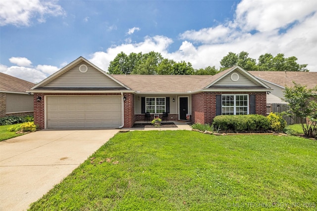 9220 S 256th E Ave, Broken Arrow, OK 74014 - ranch-style home featuring brick siding, an attached garage, concrete driveway, a shingled roof, and a porch