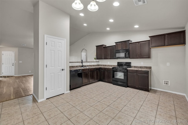 9220 S 256th E Ave, Broken Arrow, OK 74014 - kitchen with black appliances, lofted ceiling, dark brown cabinetry, light tile patterned floors, and recessed lighting